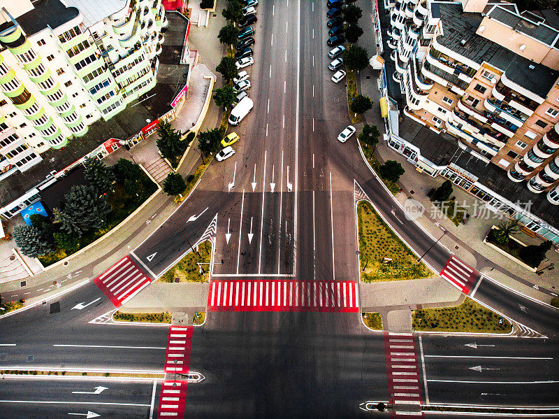 Aerial topdown view of busy intersection downtown in the city